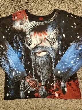 Vintage Y2K Spiral Direct Goth Viking allover print double-sided shirt XXL slim